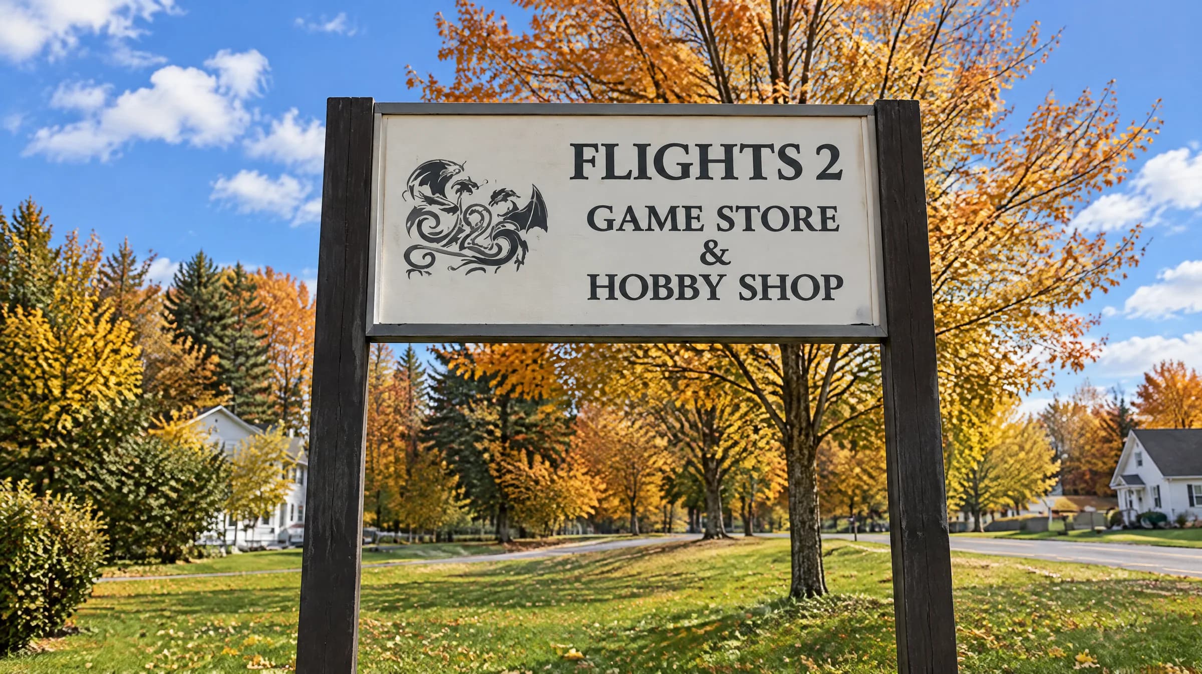 The roadside sign: Flights 2, Game Store & Hobby Shop.