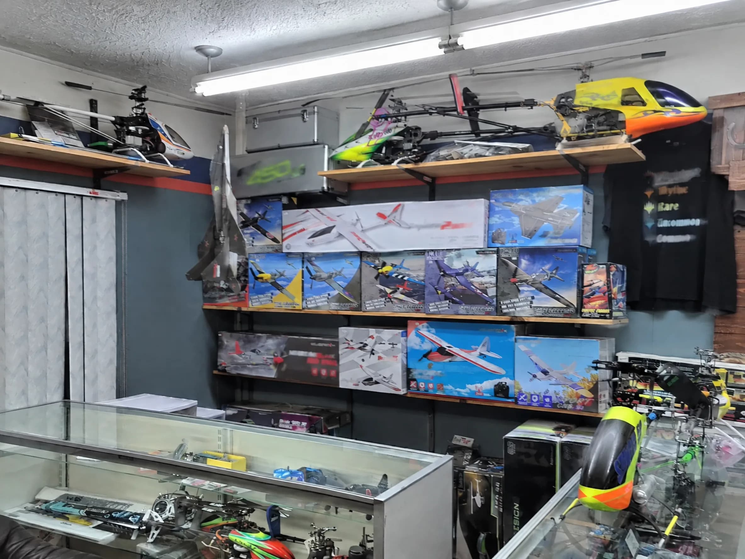 RC planes, helicopters and drones on display.